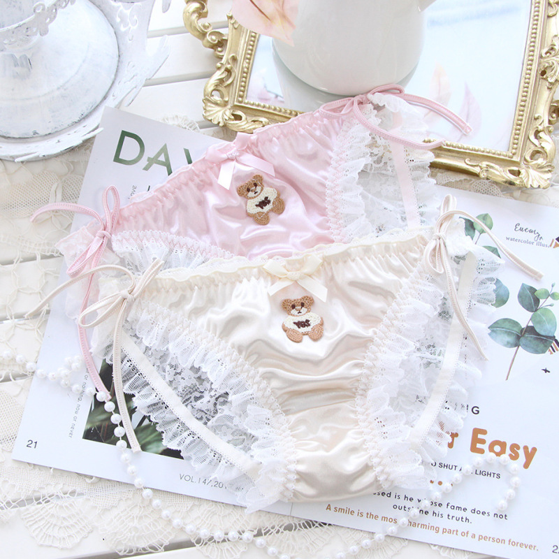 Pure Desire Lace Sweet Ins Satin Cute Teddy Bear Embroidery Lace-Up Japanese Style Girl Panties A353