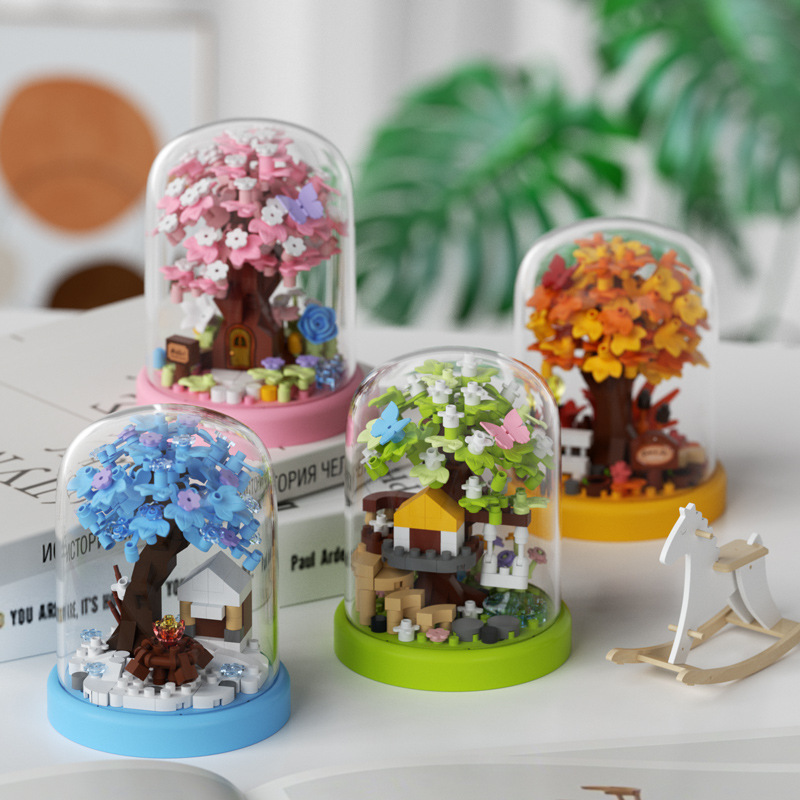 Little Red Book's Same Style Tree House Building Blocks Particle Bouquet Cherry Blossom Tree Assembly Toy Desktop Ornaments Insect Rose Gift