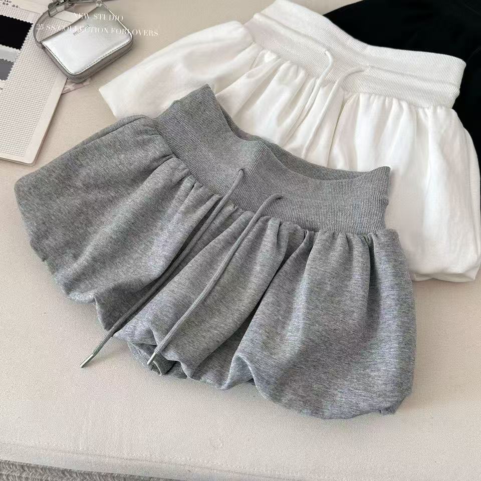 Ballet Style Gray Drawstring Skirt Hot Girl Slimming Look A-Line Elastic Waist Fluffy Versatile Short Skirt for Women