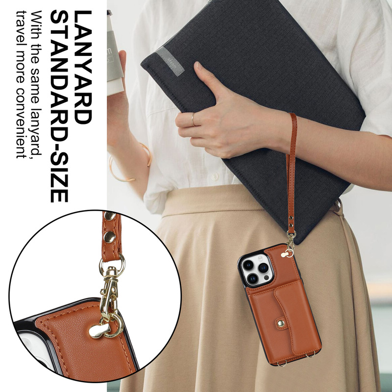 For iPhone15Pro Organ Card Case Samsung S24U Shoulder Strap Crossbody Hand Strap Protective Leather Case