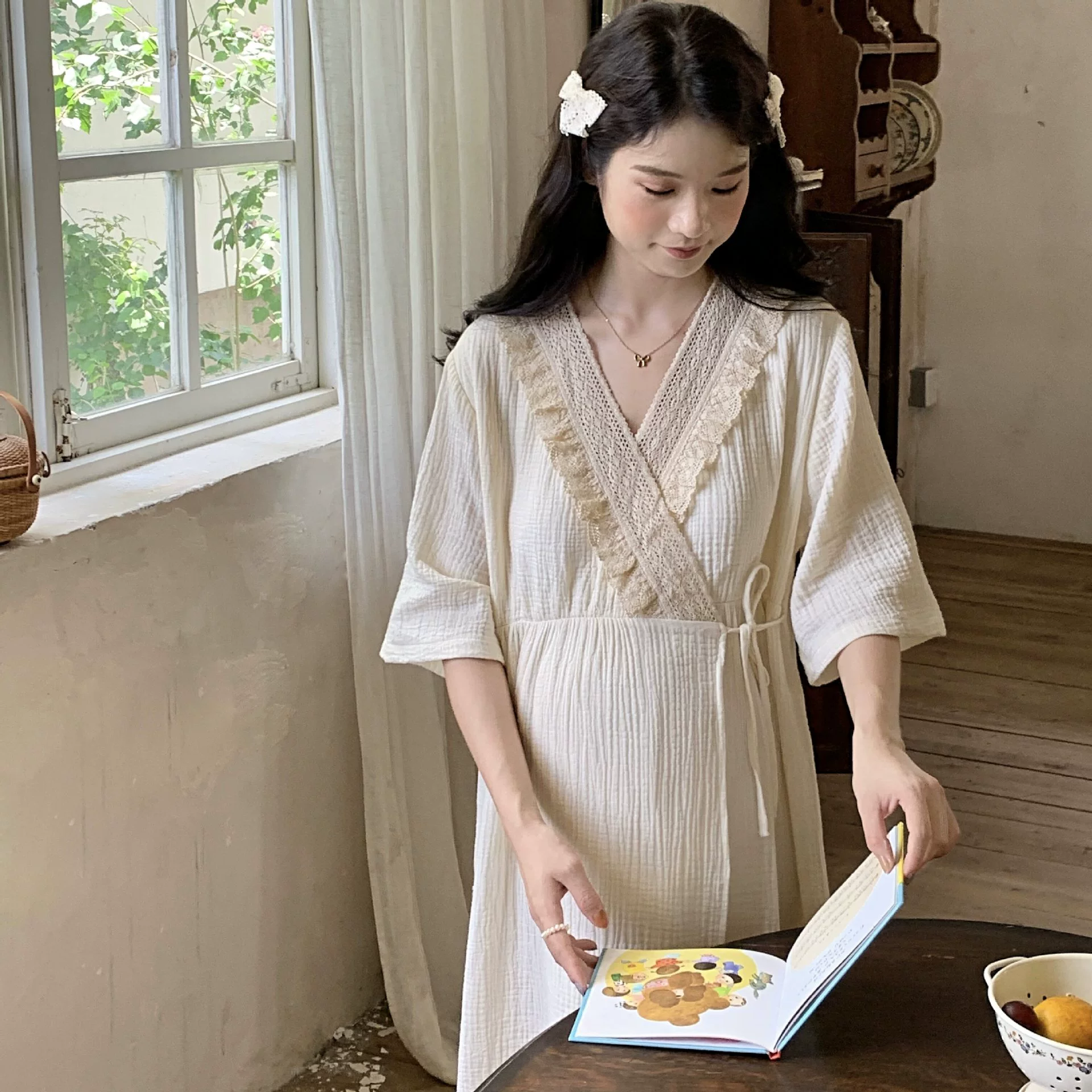 [Готовый запас 88119] Хлопчатобумажная марлевая ночная рубашка для беременных и кормящих с подушечками для груди, летняя тонкая послеродовая юбка для беременных с короткими рукавами