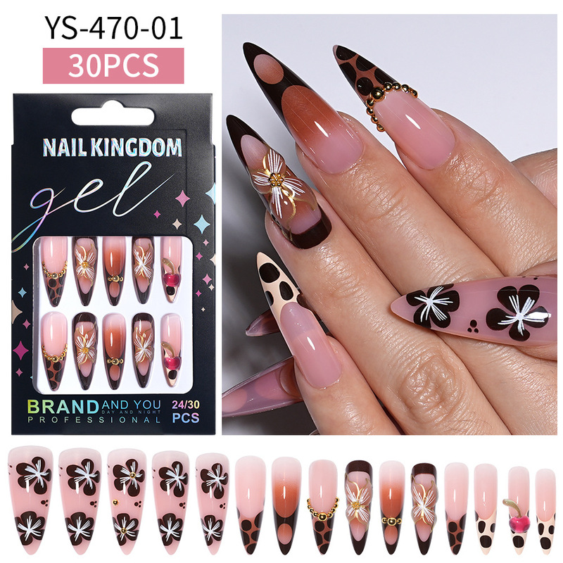 Cross-Border Popular Handmade Wearable Nails, Sweet and Cool Floral Almond Long Style, Brightening Nail Art, Detachable Finished Nail Pieces