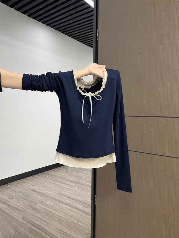 假两件内搭打底衫女新款秋季chic修身正肩长袖藏青短款上衣小个子|undefined