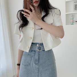 韩国chic夏季新款洋气减龄小香风经典纽扣翻领短袖西装外套上衣女