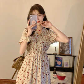 2025夏季新款法式女装碎花连衣裙女学生韩版收腰遮肚中长仙女裙子