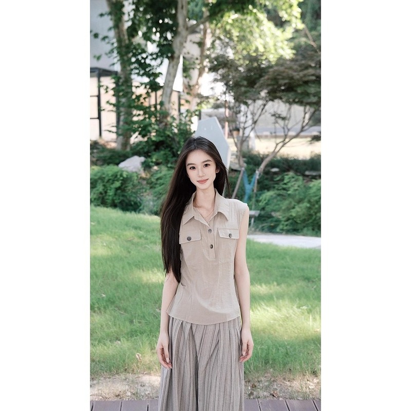 老钱风松弛感夏季新款工装背心上衣高腰显瘦条纹阔腿裤|undefined