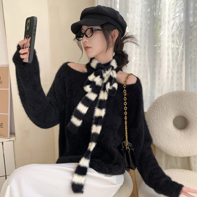 韩版秋冬新款细窄长条围巾女仿貂毛小众设计条纹针织毛绒围脖装饰|undefined