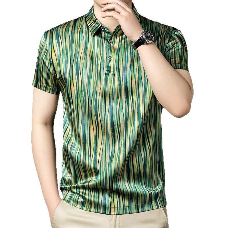 Áo polo nam tay ngắn lụa tơ tằm cổ bẻ họa tiết — Màu xanh lá cây sơn dầu 6133