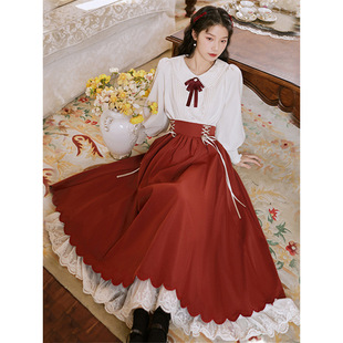Graduation Season Red French Retro Preppy Style Suit Long Skirt Princess Light Lo Daily Lolita Dress Group Uniform