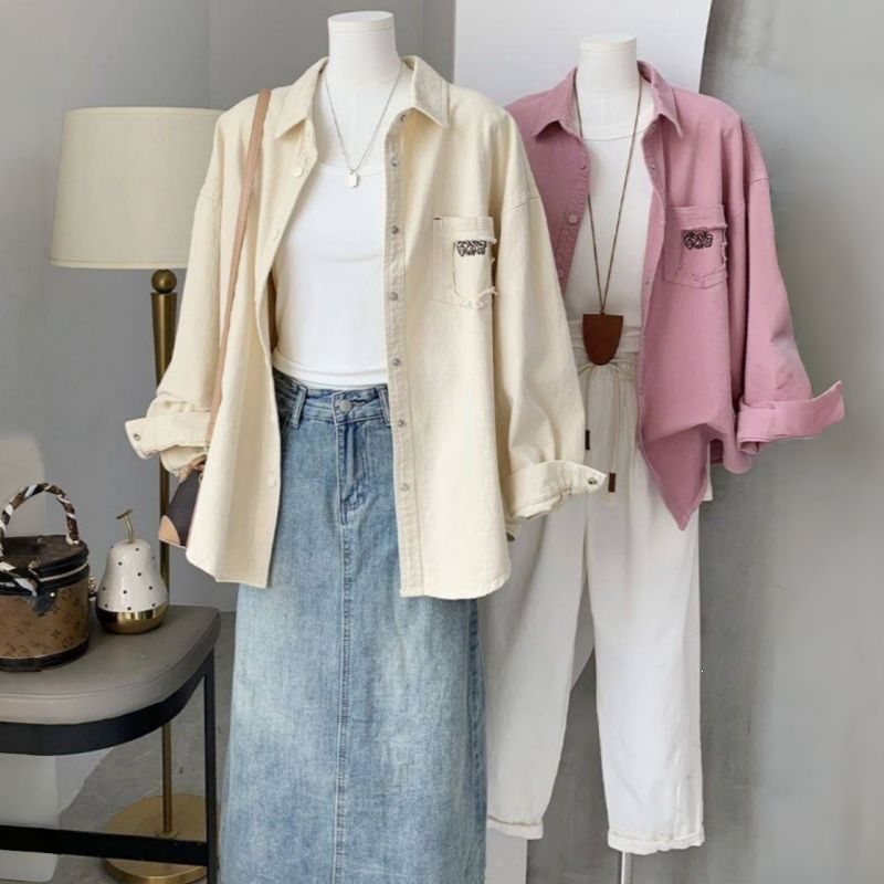 Plus Size Spring/Autumn Lightweight Versatile Niche Korean Style Simple Commute Embroidered Shirt 150kg Denim Jacket Top Trendy Plus Size Spring/Autumn Lightweight Versatile Niche Korean Style Simple Commute Embroidered Shirt 150kg Denim Jacket Top Trendy