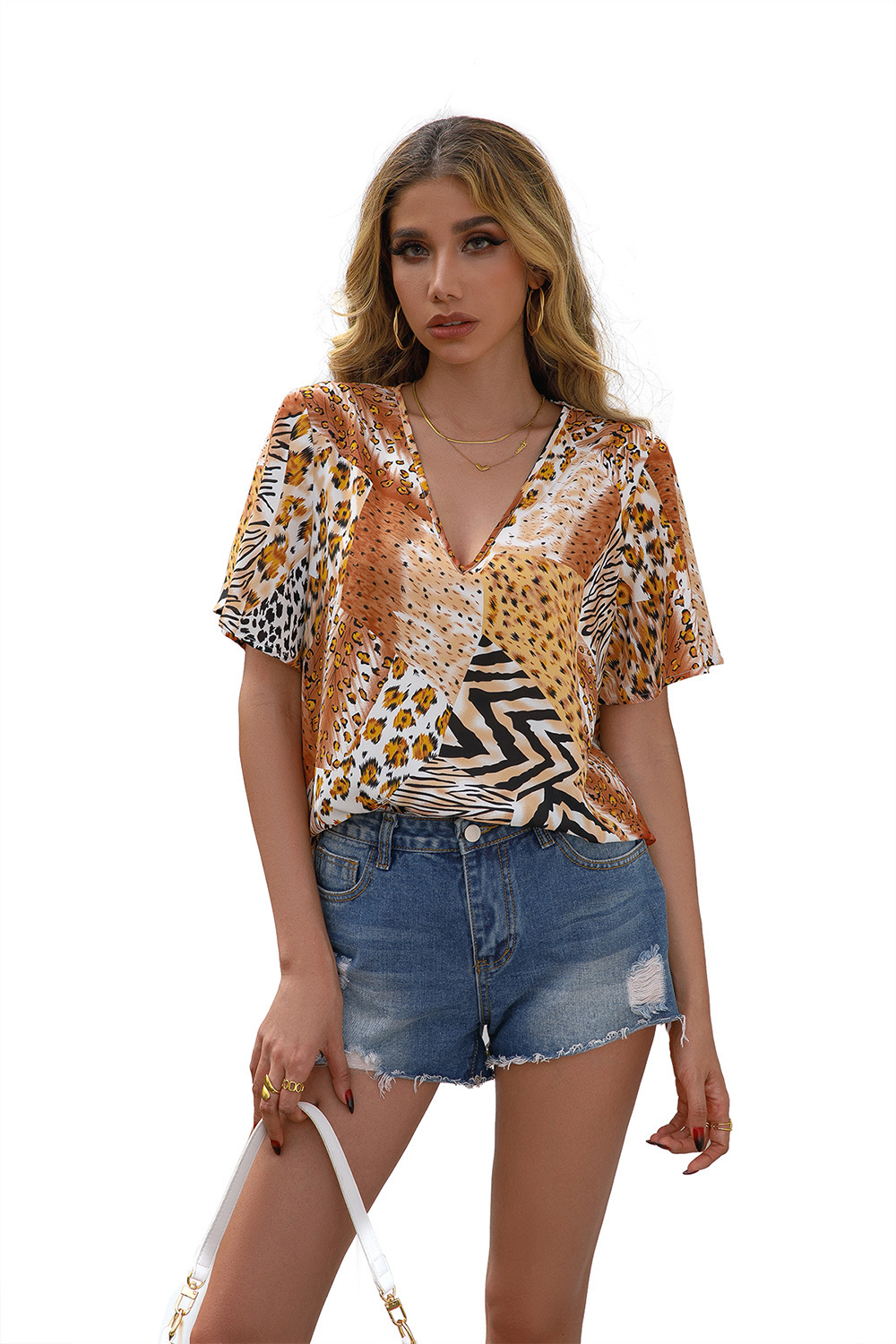 Damen Bluse Mit Leopardenmuster V-ausschnitt Kurzem Ärmel Casual_voghion.com