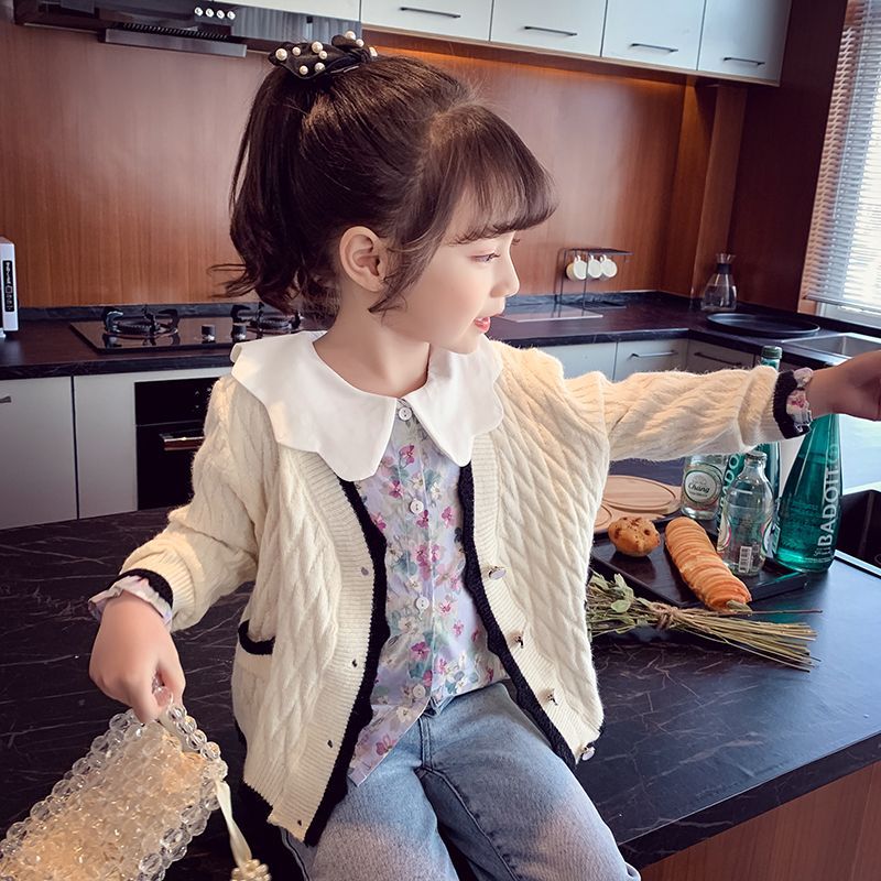 女童针织开衫春装2025新款儿童韩版V领毛衣外套女孩洋气网红上衣