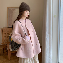 羊驼绒立领简约纯色多扣双面羊毛中长款大衣宽松休闲秋冬外套女
