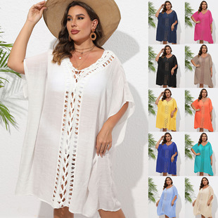 Women's dress cross-border European and American plus size women's crochet stitching loose beach bikini outer blouse