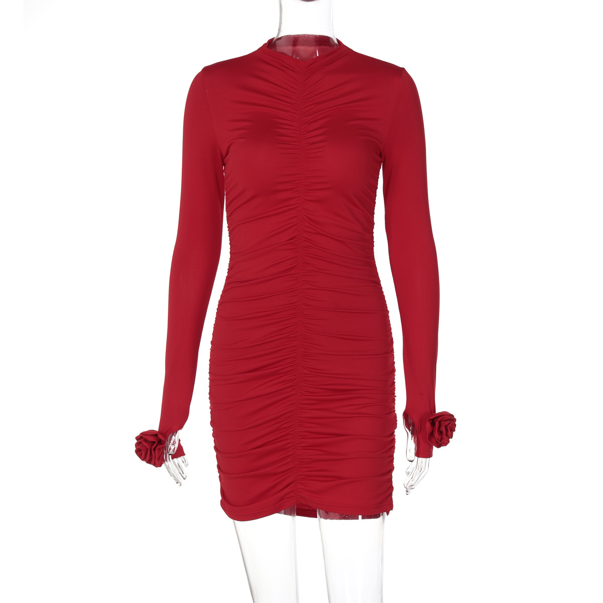 Women Clothing Autumn Floral Decoration Long Sleeve Pleated Slim Sheath Dress Women