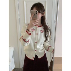 韩版慵懒软糯撞色蝴蝶结保暖毛衣开衫女秋新款显瘦外搭上衣