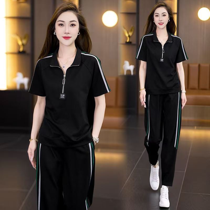 时尚运动服套装女2025夏季新款韩版休闲妈妈装显瘦跑步服两件套潮|undefined