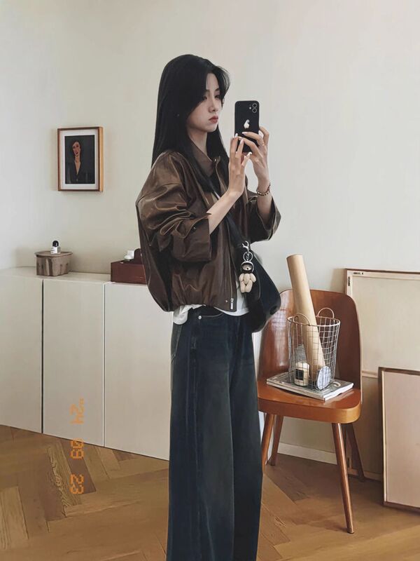 开春穿搭套装女大码胖mm美拉德皮衣外套牛仔裤高级复古酷酷两件套|undefined