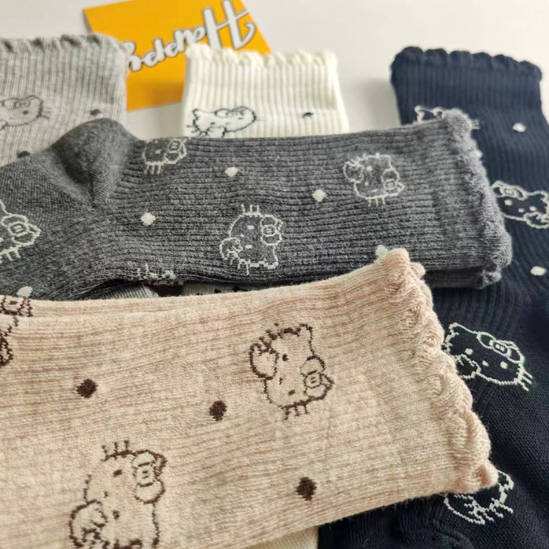一体机秋冬新品新款袜子女秋冬季中筒袜花边卡通小猫高筒袜精梳棉|undefined