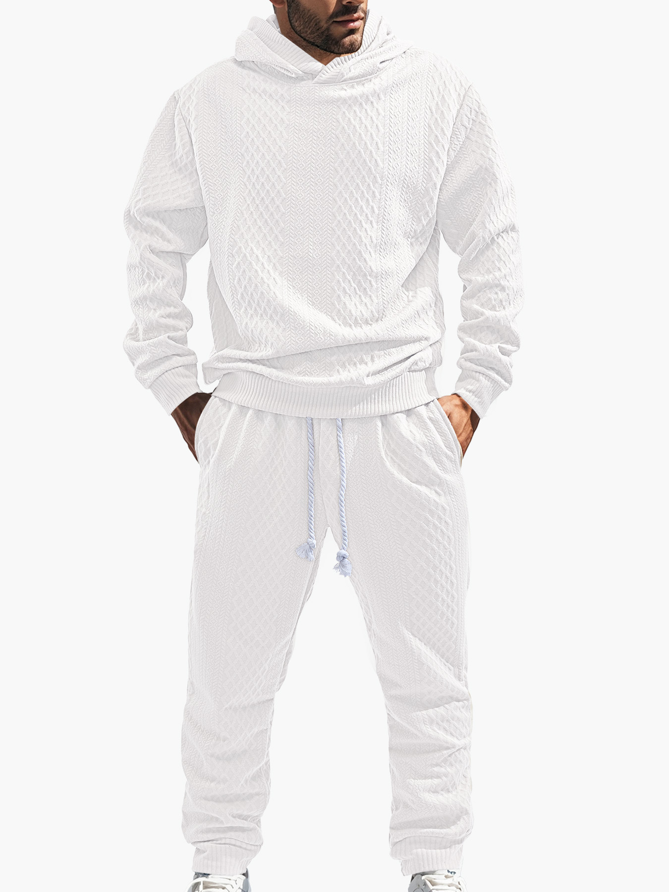 Transfronterizos TK primavera y otoño hombre deportivo relajado pantalones largos de manga larga Jacquard grande conjunto de sudadera con capuz