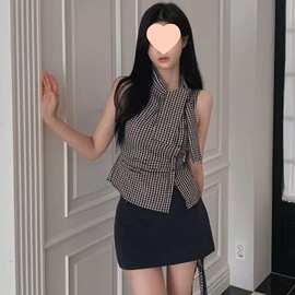 INS博主款 法式复古格纹气质百搭无袖上衣短款小衫图片色背带款女