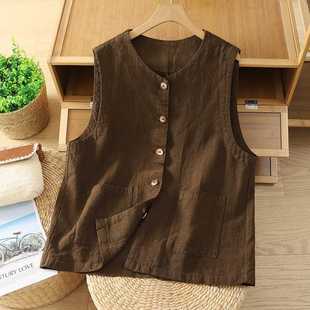Real Shot of New Cotton and Linen Vest, Retro Literary Loose Slimming Look Pure Color Sleeveless Vest Top
