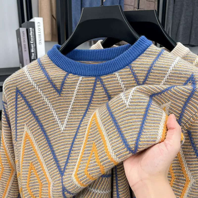 100%羊毛绞花男士羊毛衫2025冬季休闲经典时尚套头青年羊毛衫男