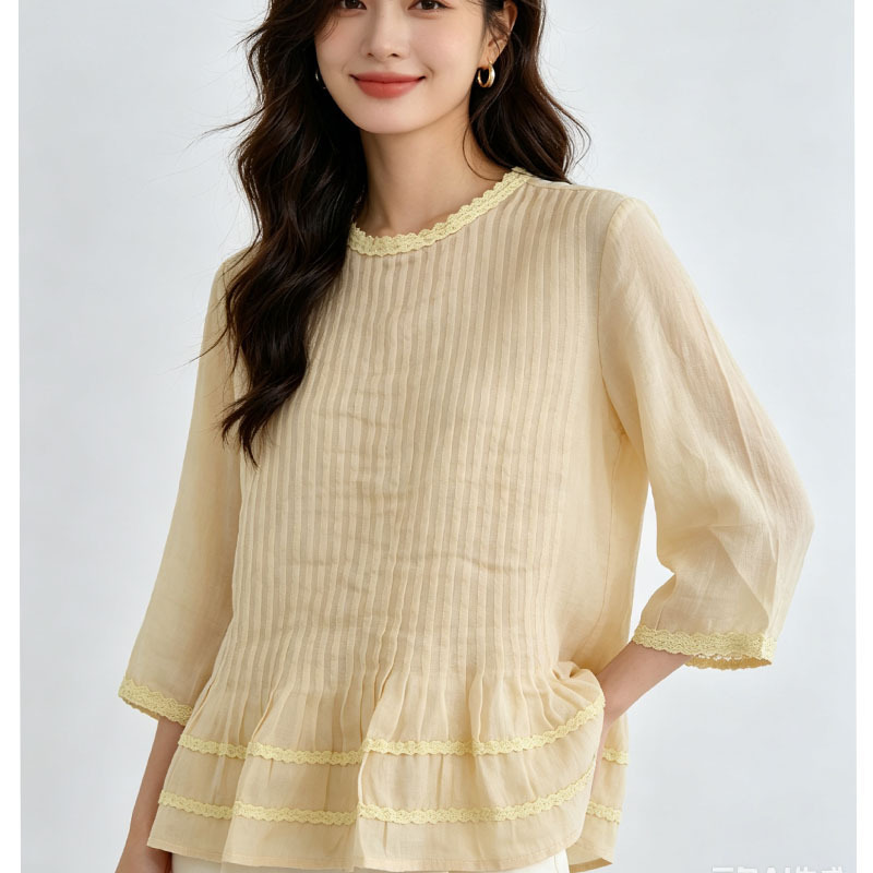 Summer New Style French Romantic Pleated Top Shirt with Lace Embellishments at the Collar and Cuffs, Ramie Mid-Sleeve Shirt for Women to Look Younger Summer New Style French Romantic Pleated Top Shirt with Lace Embellishments at the Collar and Cuffs, Ramie Mid-Sleeve Shirt for Women to Look Younger