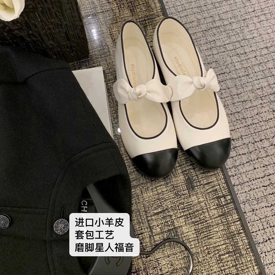 羊皮版葡萄妈同款法式复古小香蝴蝶结玛丽珍鞋女浅口平底拼色单鞋