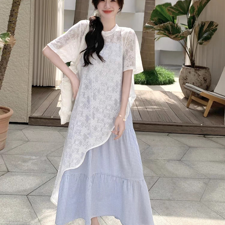 Fresh and Simple Lace Blouse with Plaid Strap Dress Set for Women, 2026 Summer New Korean Style Sweet Two-Piece Set Fresh and Simple Lace Blouse with Plaid Strap Dress Set for Women, 2026 Summer New Korean Style Sweet Two-Piece Set
