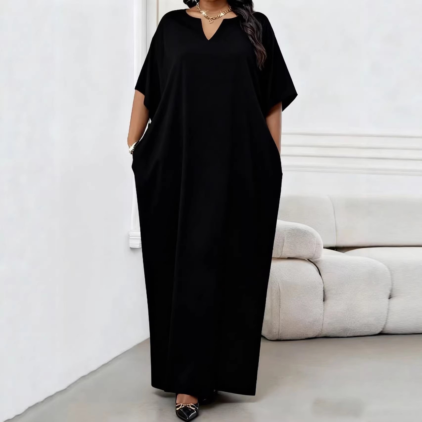 Women's Clothing Elegant V-Neck Long Dress Solid Color Plus Size Loose Fit Robe Fashionable_ecoleips.com
