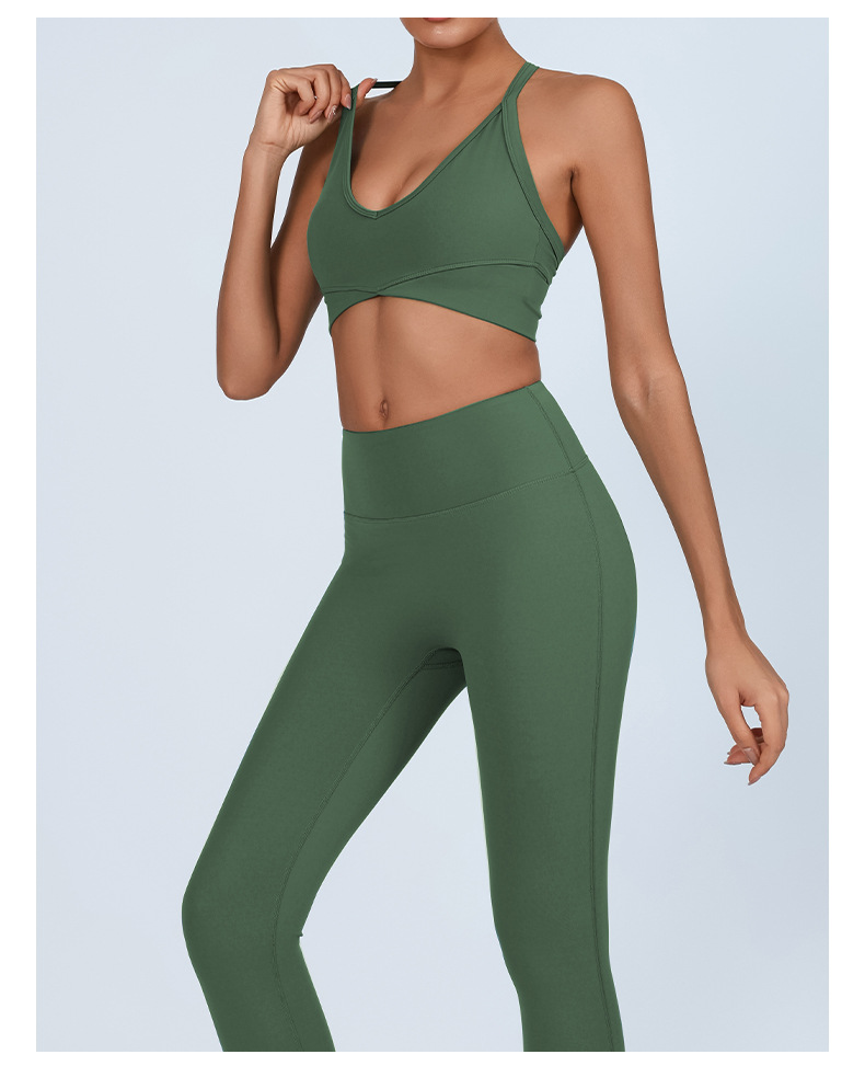 Traje de yoga transfronterizo de comercio exterior europeo y americano, chaleco con almohadilla para el pecho en V profundo, alta elasticidad, secado rápido, ejercicio de cintura alta, fitness de dos piezas