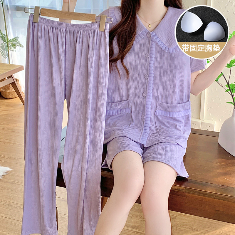 Taro púrpura gasa pijamas de verano de las mujeres de manga corta de algodón puro con almohadilla en el pecho de la primavera y el otoño de alto grado desgaste del hogar traje de tres piezas