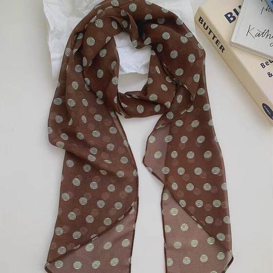 Brown 2025 Poll Dot Silk Scarf Printed High-grade Neck Women's New Style Headband Long Scarf