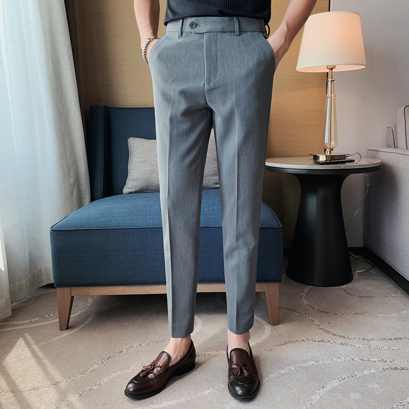 Venta al por mayor estilo coreano slim fit traje pantalones de verano fino grano recortado pantalones color sólido elegante traje casual de los hombres pantalones flacos