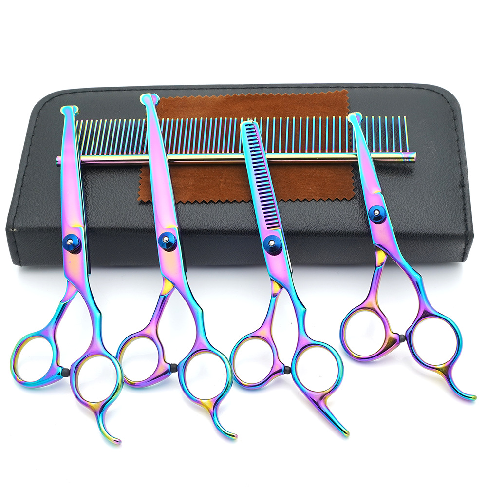 Tijeras de cuidado de mascotas al por mayor de fábrica, tijeras planas de corte de pelo de perro, tijeras de dientes finas, tijeras de colores, herramientas de corte de pelo de gato
