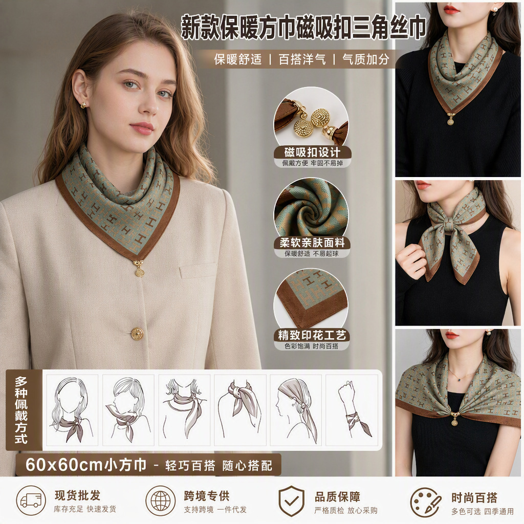 New Cotton and Linen Warm Square Scarf with Magnetic Buckle, Triangle Silk Scarf, Cotton Scarf for Women, Stylish Neck Scarf for Spring, Autumn, and Winter, Versatile and Elegant