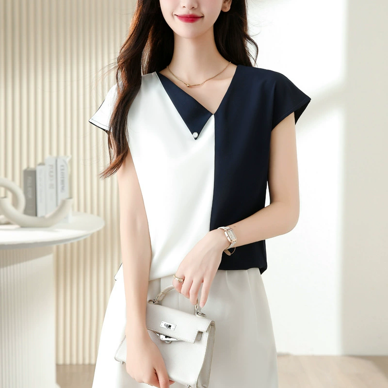 Высококачественная рубашка Sense 2023 Летний новый модный топ с короткими рукавами и V-образным вырезом, Отстроченный контрастного цвета, Простой Легкий топ