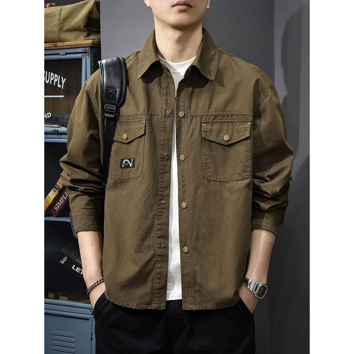 Весенняя новая вышитая рабочая одежда из чистого хлопка, рубашка с длинными рукавами, мужские повседневные брюки с несколькими карманами в американском стиле, свободная куртка с лацканами