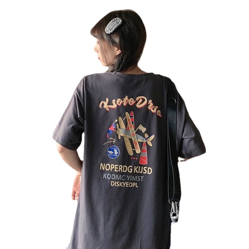 Nova ženska majica kratkih rukava srednje duljine s tiskom, široki kroj, za učenike, ljetna korejska verzija s prednjim i stražnjim tiskom_voghion.com