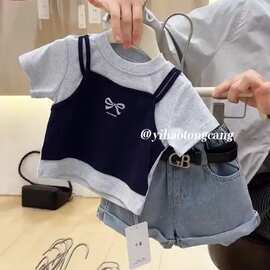 新款宝牛仔短裤女假两件蝴蝶结短袖洋气2026两件烫钻女童夏季套装