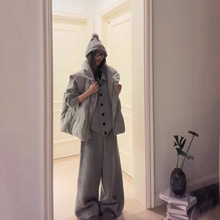 韩系慵懒休闲复古加厚立领面包服棉服马甲女+灰色开衫+裤子三件套