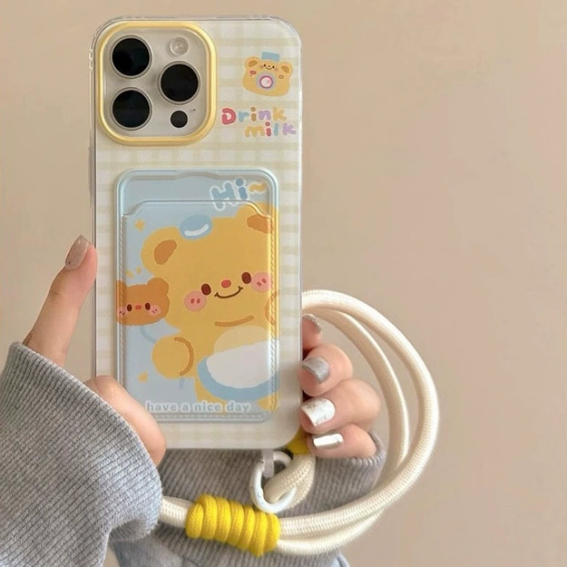 Айфон совместимый с iPhone 16, милый чехол для телефона, масло, держатель для карт, ремешок, 16promax, с маленькими медведями, iphone
