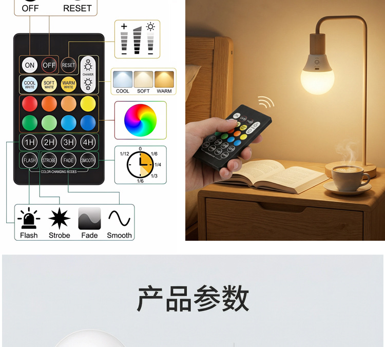 跨境热销智能遥控调色定时关灯多功能 RGB 全彩灯泡E27家用氛围灯