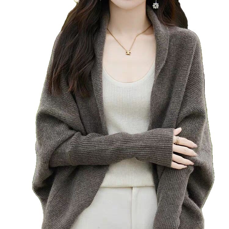 洋气时尚百搭纯色翻领蝙蝠袖披肩上衣女秋季宽松百搭针织开衫外套|undefined