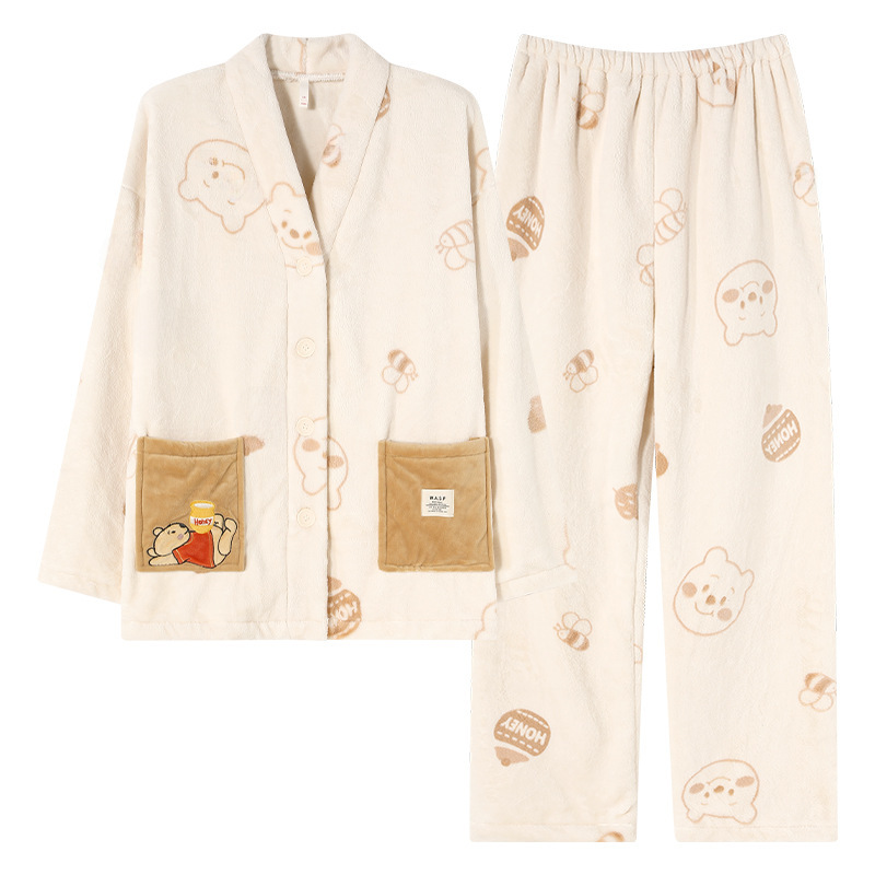 (폴리에스터 섬유 100%) 산호 벨벳 커플 잠옷 가을 겨울 두꺼운 플란넬 가디건 남성용 홈웨어