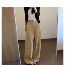 美式卡其阔腿牛仔裤女2025秋冬新款高腰宽松显瘦配腰带休闲直筒裤