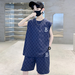 男童夏季無袖套裝2024新款中大童裝男孩夏款洋氣字母背心兩件套潮