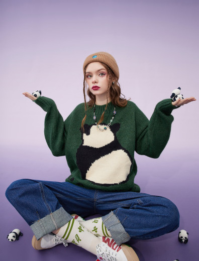 [New] Fairy Panda Panda Blossoms Lazy Wind Sweater 2021 Winter Loose…