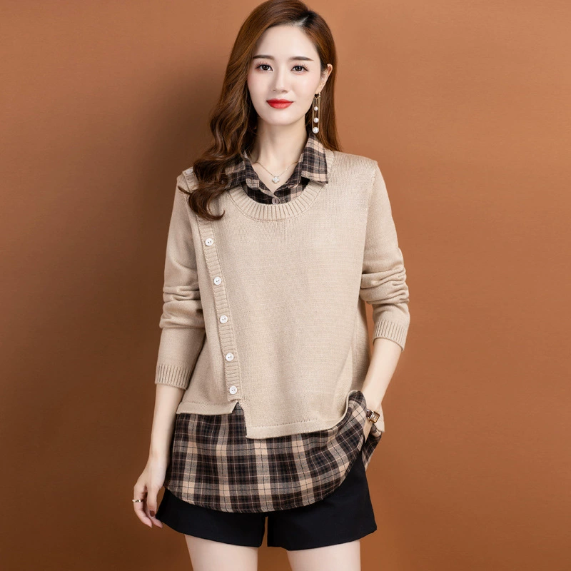 Топ из двух частей с имитацией, женская весна и осень 2023, новая осенне-зимняя Модная рубашка с воротником, вязаная Базовая рубашка, Топ с длинным рукавом